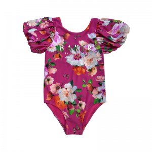 Květinové tiskové písmeno Puff Smeeve Children Swimsuits