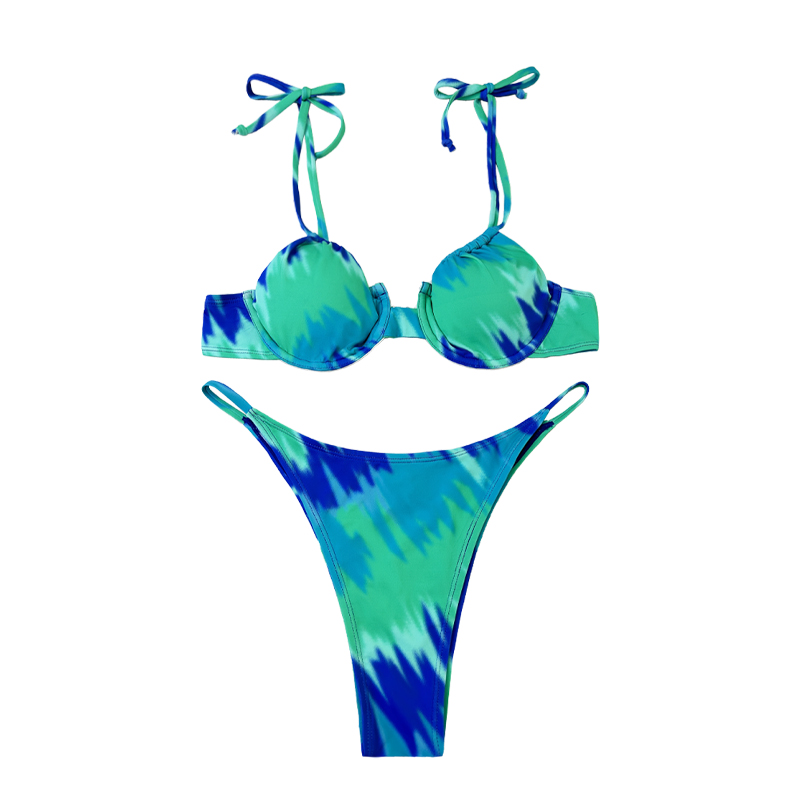 Šněrovaná ohlávka kulatá šálek roztomilý tyrkysový tisk Split Swimsuit