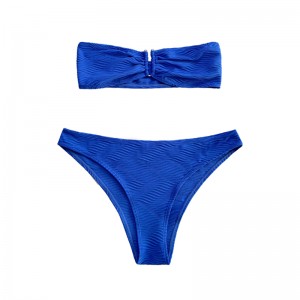 Modrý vzorec Speciální tkanina bez ramínek Top U-Button Split Swimsuit